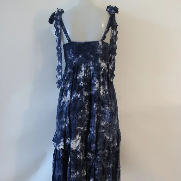 Womens LoveShackFancy Navy Blue White Tie Dye Eyelet Shoulder Ties Midi Dress 0 - Picture 11 of 15